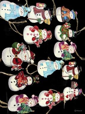 Set of 13 Festive Snowman Hanging Ornaments - Multicolor
